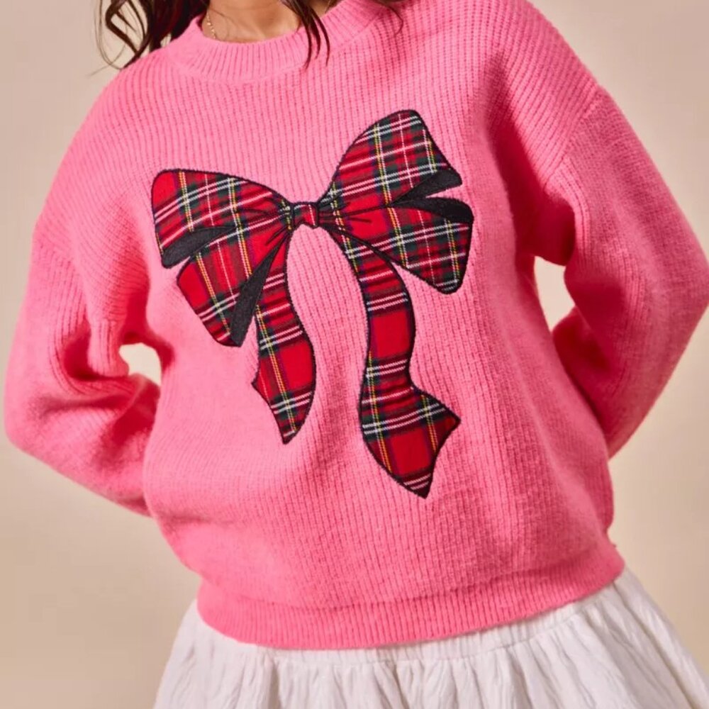 SO ME Checker Plaid Ribbon Christmas Holiday‎ Sweater